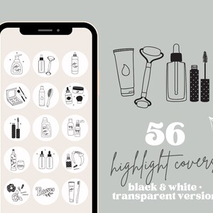 Puede incluir: Gráfico digital con 56 portadas destacadas en blanco y negro para redes sociales. Las portadas presentan ilustraciones de productos de belleza, como un rodillo de jade, máscara de pestañas y botellas para el cuidado de la piel. El texto dice "highlight covers" y "black & white + transparent version."