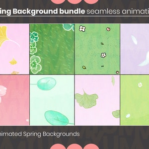 Könnte beinhalten: Acht animierte Frühlingshintergründe. Die Hintergründe zeigen eine Vielzahl von Frühlingsmotiven, darunter Blumen, Blätter und Gras. Die Hintergründe sind perfekt, um Ihren digitalen Projekten einen Hauch von Frühling zu verleihen.