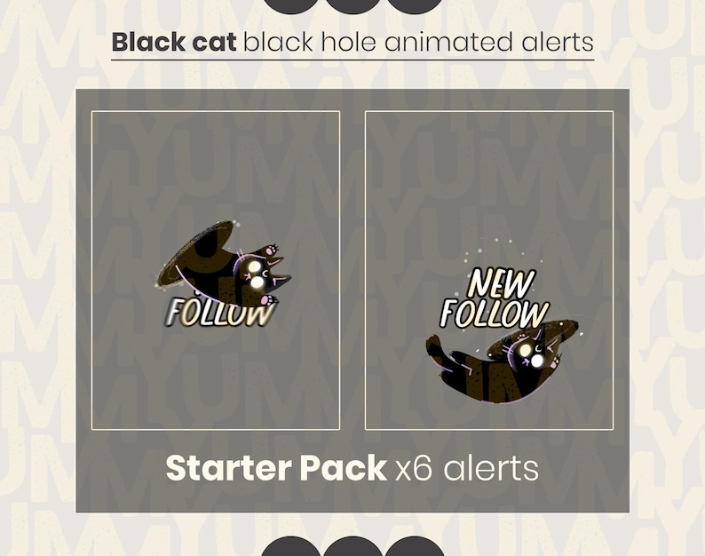 Puede incluir: Paquete de inicio de seis alertas animadas de gato negro y agujero negro. Cada alerta muestra un gato negro con ojos brillantes flotando cerca de un agujero negro, acompa&ntilde;ado por el texto blanco FOLLOW o NEW FOLLOW en fuente negrita.