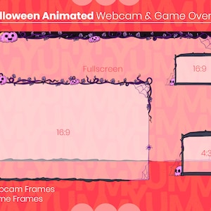 May include: Halloween themed animated webcam and game overlay with a black frame and a pink and red background. The overlay has two 16:9 frames and one 4:3 frame. The text "Fullscreen", "16:9", and "4:3" is visible on the overlay. The overlay also has a vine and spider web design.