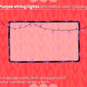 Puede incluir: Superposición de cámara animada con luces de cadena moradas. Las luces están enhebradas en la parte superior de un marco negro. El marco está sobre un fondo rojo con un patrón de la palabra "YUM". El texto "3 tamaños: pantalla completa, ancho (16:9) y cuadrado (4:3)" y "3 luces colgantes animadas opcionales" está en la parte inferior de la imagen.