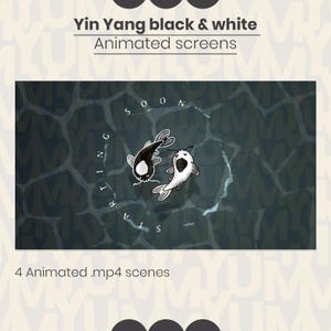 May include: A black and white yin yang symbol with two fish swimming inside. The background is a dark blue with a water ripple pattern. The text "SOON" and "COMING" are written in a circle around the symbol. The text "4 Animated .mp4 scenes" is below the image.