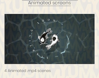 Yin Yang Koi Fish Animated Stream Screens Set ・ Dark aesthetic ・ Starting Soon, Be Right Back, Ending Soon, Offline・ Twitch & OBS ・