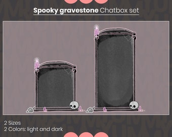 May include: Two spooky gravestone chatbox sets with a candle and skull on top. The chatbox sets are available in two sizes and two colors: light and dark.