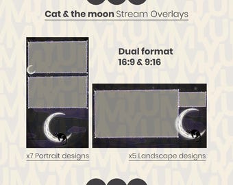 Cat and the Moon Stream Overlay Set, Tik tok, Twitch OBS, Ready made and customizable