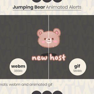 May include: Animated alert graphic featuring a cartoon bear with a pink nose and cheeks. The bear is jumping and the text "new host" is below the bear. The graphic is available in two formats: webm (386kb) and animated gif (984kb).