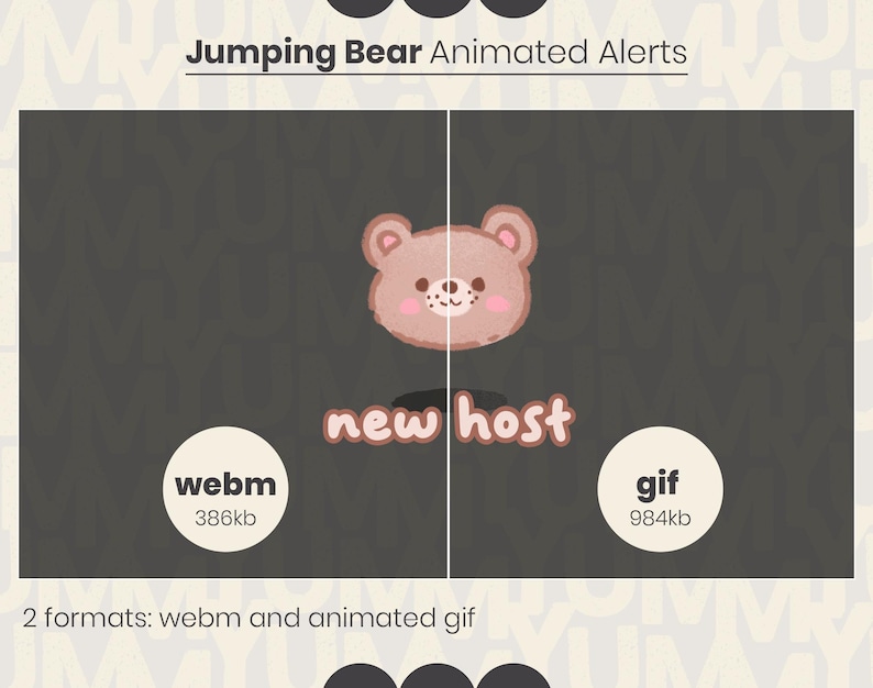 May include: Animated alert graphic featuring a cartoon bear with a pink nose and cheeks. The bear is jumping and the text "new host" is below the bear. The graphic is available in two formats: webm (386kb) and animated gif (984kb).