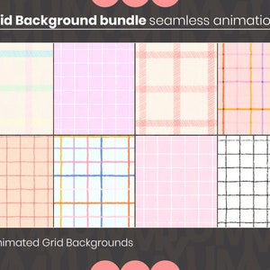 Peut inclure: Huit arrière-plans de grille animés avec différentes lignes et motifs colorés. Les arrière-plans sont roses, blancs et beiges. Le texte "8 x Animated Grid Backgrounds" est en bas de l'image.
