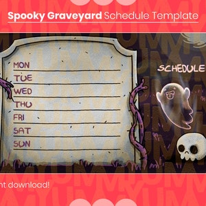 Spooky cute Stream Schedule Template ・ Tombstone ghost  ・ Black purple and pink ・ Twitch and OBS streaming ・