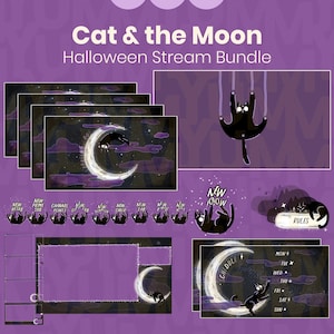 Può includere: Un pacchetto di streaming digitale intitolato Cat & the Moon Halloween Stream Bundle con grafiche viola raffiguranti gatti neri, lune crescenti e stelle. Include overlay, pannelli e modelli di programma con testi come New Follow e Rules.