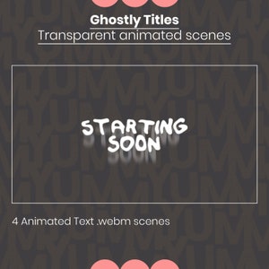 Peut inclure: Un fond gris foncé avec un motif blanc répété du mot "YUM". Un rectangle blanc aux coins arrondis contient le texte "STARTING SOON" dans une police d'écriture blanche manuscrite. Le texte est flou et semble bouger. Sous le rectangle, le texte "4 Animated Text .webm scenes" est affiché en blanc.