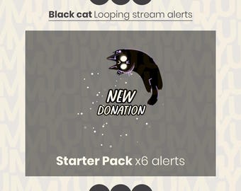 Looping Black cat stream alerts ・ Donation, follow, subscriber, cheer, host, raid