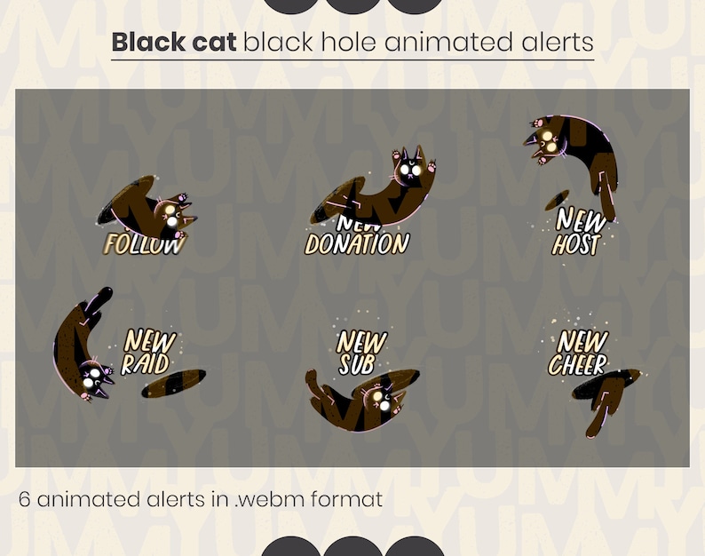 Puede incluir: Seis gr&aacute;ficos animados de gatos negros con tem&aacute;tica de agujero negro. Cada gato aparece en una pose diferente con etiquetas de texto que dicen FOLLOW, NEW DONATION, NEW HOST, NEW RAID, NEW SUB y NEW CHEER. Los gatos tienen ojos brillantes y s&iacute;mbolos de media luna blanca en la frente.