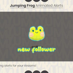 Puede incluir: Alerta animada para transmisiones de Twitch con una rana amarilla sonriente y el texto "new follower" en azul y blanco.