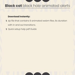 Puede incluir: Un listado de producto digital titulado Black cat black hole animated alerts. El texto especifica una descarga que contiene un archivo zip con seis archivos webm animados, de 6s de duraci&oacute;n con transiciones, y una gu&iacute;a PDF.