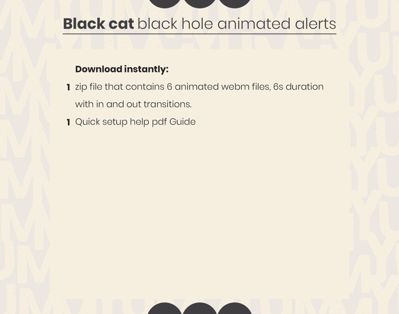 Puede incluir: Un listado de producto digital titulado Black cat black hole animated alerts. El texto especifica una descarga que contiene un archivo zip con seis archivos webm animados, de 6s de duraci&oacute;n con transiciones, y una gu&iacute;a PDF.