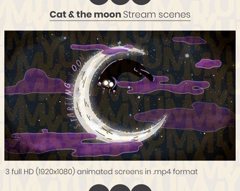 May include: A black cat with white eyes is perched on a crescent moon, surrounded by purple clouds and a starry night sky. The text "STARTING SOON" is written on the moon.