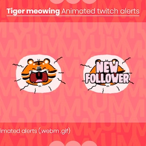 Alerty transmisji na Twitchu ・ Animowane miauczenie tygrysa ・ Darowizna, obserwujący, subskrybent, doping, gospodarz, rajd