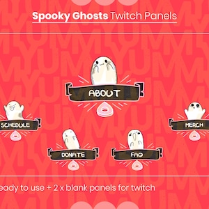 Spooky ghosts twitch panels ・ Crayon styled spooky and cute ・ Black and pink ・ Twitch and OBS streaming ・