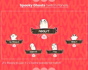 May include: A set of 21 Twitch panels featuring cute cartoon ghosts with different text labels, including "About", "Schedule", "Merch", "Donate", and "FAQ". The panels are designed for use on Twitch and have a red background with a white "YUM" pattern.
