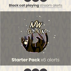 Puede incluir: Un gráfico digital que muestra un gato negro acostado boca arriba con destellos blancos a su alrededor. Sobre el gato, el texto dice NEW DONATION en una fuente amarilla estilizada. El diseño es parte de un paquete inicial de seis alertas de transmisión.
