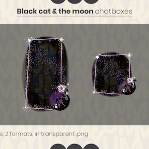 Op de afbeelding: Twee chatbox-frames met een zwarte kat en een sterontwerp op een donkerblauwe achtergrond. De frames zijn roze omrand en hebben een glinsterend effect.