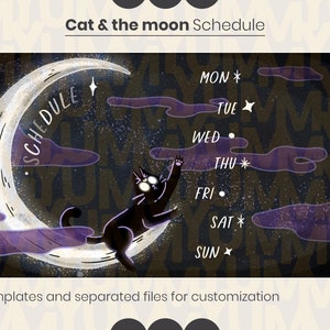 Cat & the moon Schedule Template ・ Cute halloween Black cat ・ Mystic moon  ・ Black and purple ・ Twitch and OBS streaming ・