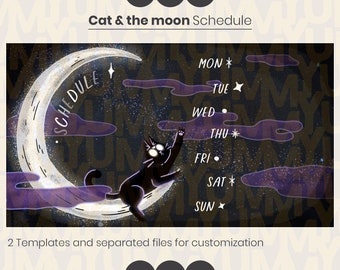 Cat & the moon Schedule Template ・ Cute halloween Black cat ・ Mystic moon  ・ Black and purple ・ Twitch and OBS streaming ・