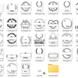 May include: A collection of 30 different monogram designs featuring wreaths, branches, and other decorative elements. The designs are perfect for creating personalized gifts, home decor, and more.