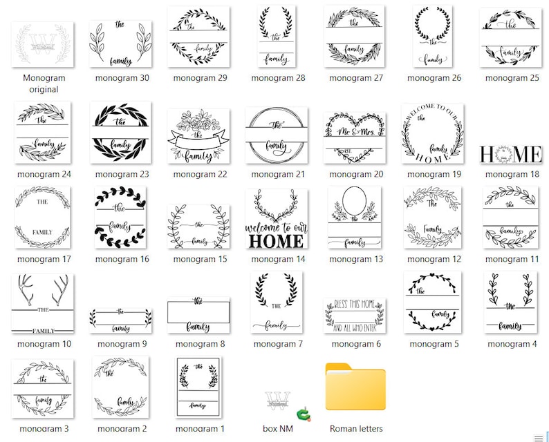 May include: A collection of 30 different monogram designs featuring wreaths, branches, and other decorative elements. The designs are perfect for creating personalized gifts, home decor, and more.