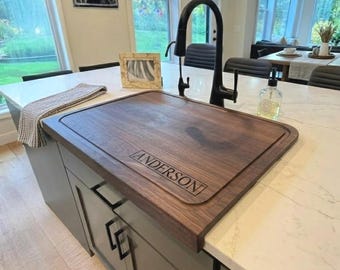 Personalized Walnut Sink Cover: Engraved Kitchen Countertop Decor