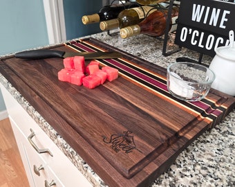 Dark Walnut Cutting Board: Side Grain Butcher Block with Exotic Wood Inlay
