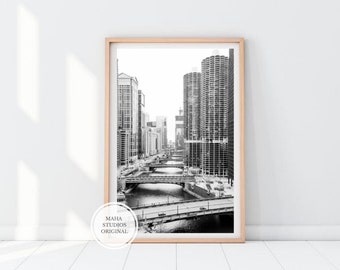 Impresión de arquitectura de Chicago / Paisaje urbano en blanco y negro (Descarga digital)