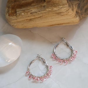 Wire Wrapped Beaded Hoop Earrings | Handmade Bead Hoops | Pink & Purple Dangle Earrings | Boho Jewelry Gift for Her | Silver