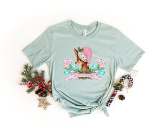 Vintage Reindeer Christmas Tee, Clothing, Graphic Tees & Tops,Pastel Color,Retro Christmas t-shirt,Christmas Vibes,Holiday Spirit,