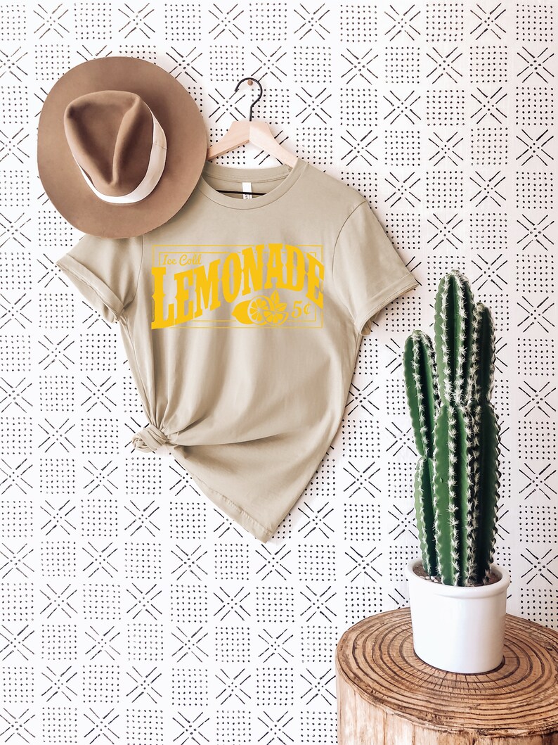 May include: A beige t-shirt with a yellow graphic that says "Ice Cold Lemonade 25c". The shirt is hanging on a wooden hanger against a white wall with a black and white geometric pattern. A brown hat and a cactus in a white pot are also in the image.