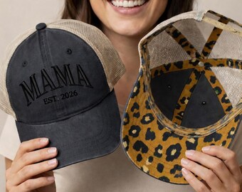 Custom Mama EST 2026 Embroidered Hat, Expecting Mother Pregnancy Reveal Washed Mesh-Back Cap