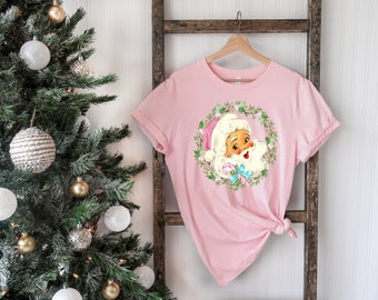 Pink Retro Santa Tee, Graphic Tee, Clothing, Retro Vintage Tee, Pink Santa T-shirt, Christmas Vibes, Pastel, Holiday Tee