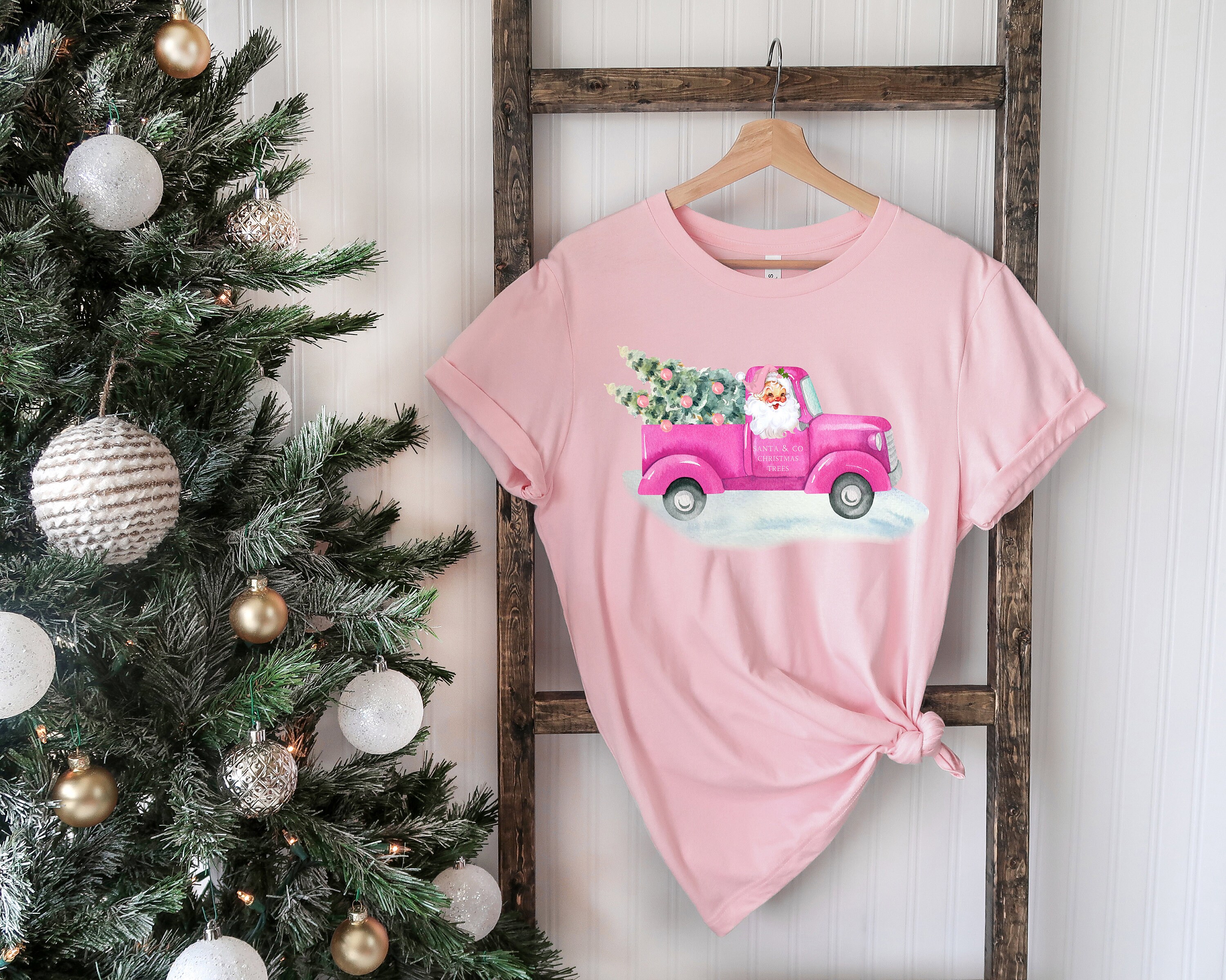 Pink Santa Truck Tee, Holiday T-shirt, Clothing, Graphic Tees and Tops,Christmas Tee,Retro Vibes,Vintage Santa Shirt,Pastel,Pink Santa Claus