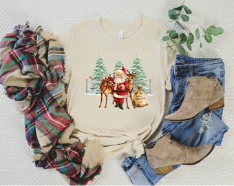 Retro Santa Reindeer Tee, Graphic Tees and Tops, Clothing, Vintage Santa Shirt, Holiday Tees, Christmas Vibes, Old Fashion Christmas