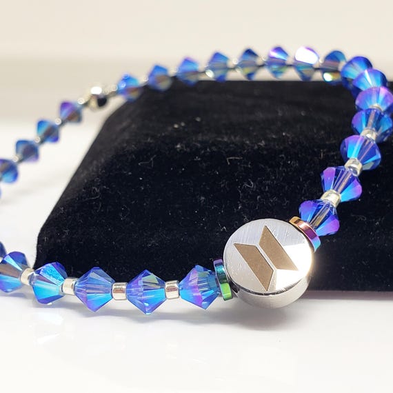 BTS RM Blue Mic Inspired Swarovski Crystal and Custom Logo Bead Stretch Bracelet Size 6.25 Please Read Description for Size Info Etsy UK