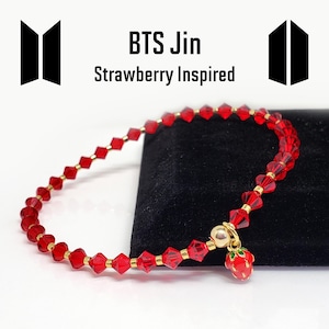 Jin Strawberry Inspired Swarovski Crystal Bead Stretch Bracelet with 18k Gold Filled Charm Size 7.0&quot; - Please read item details for all info