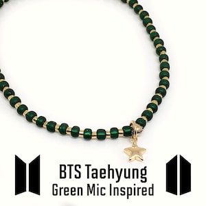 BTS V Green Mic Bracelet: Japanese Seed Beads, Gold Star Charm