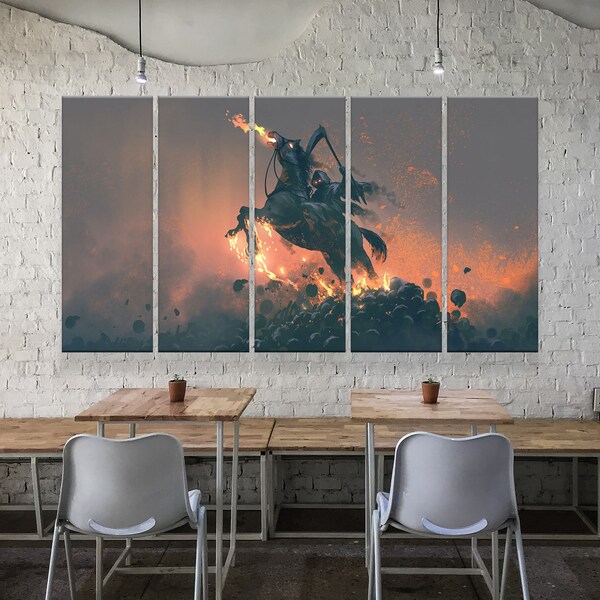 death riding horse wall art, pile of human skulls printed canvas decor * horseman of the apocalypse canvas art * The Lord of the Rings style