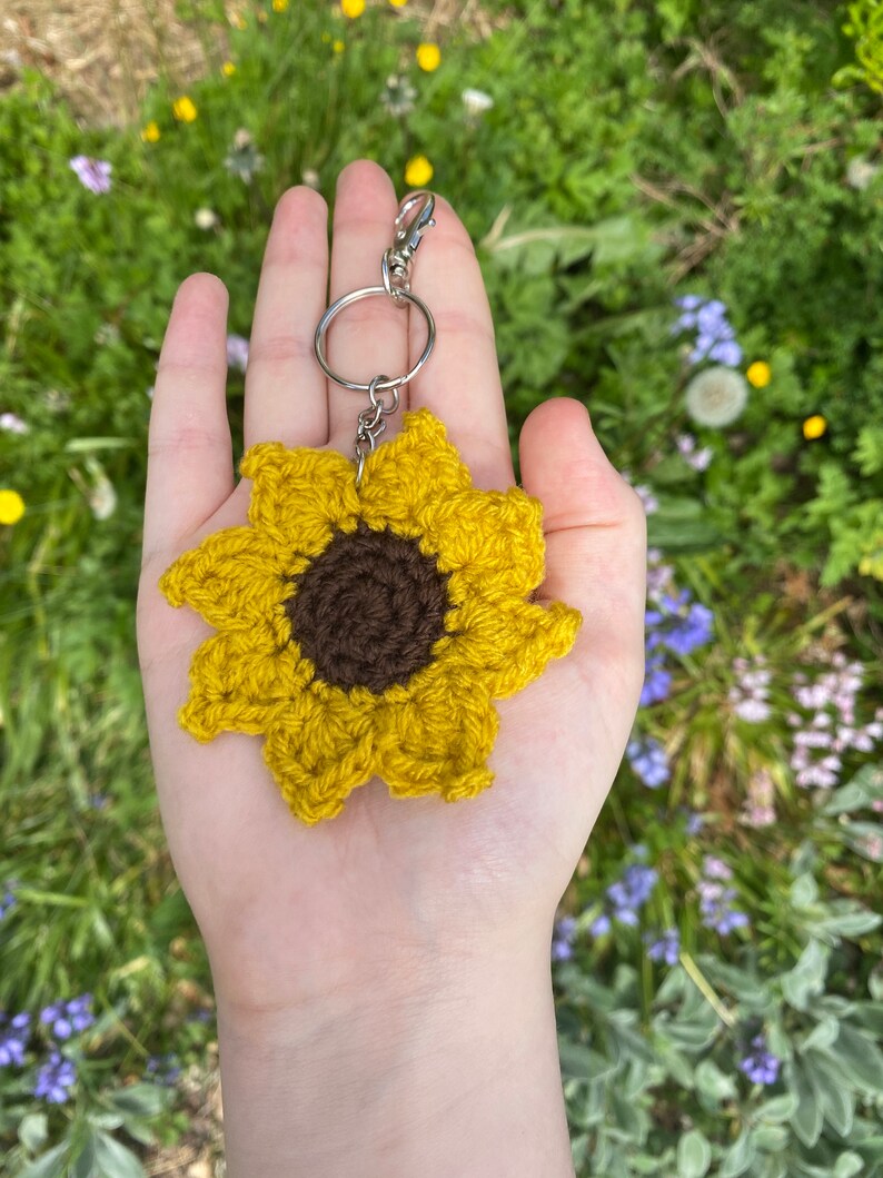 Sunflower Keychain Crochet Sunflower Crochet Keyring Etsy
