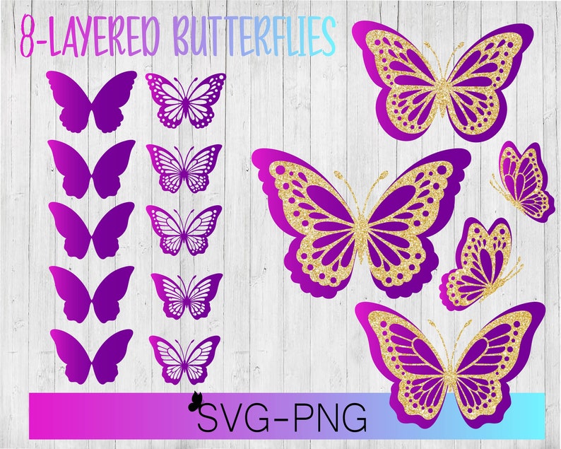 Puede incluir: Ocho archivos SVG y PNG de mariposas de purpurina dorada y morada en capas. Las mariposas est&aacute;n en varios tama&ntilde;os y posiciones. El texto "8-LAYERED BUTTERFLIES" y "SVG-PNG" est&aacute; en la parte superior e inferior de la imagen.
