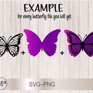 Puede incluir: Ejemplo de un archivo digital para un dise&ntilde;o de mariposa. La imagen muestra una silueta de mariposa negra y una silueta de mariposa morada. El texto "EXAMPLE" y "for every butterfly file you will get" se muestra encima de las mariposas. El texto "SVG-PNG" se muestra debajo de las mariposas.