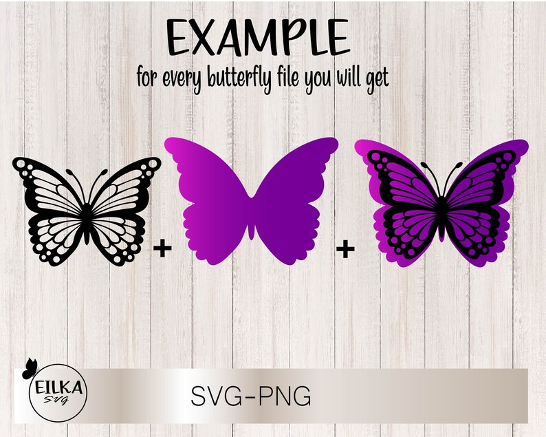 Puede incluir: Ejemplo de un archivo digital para un dise&ntilde;o de mariposa. La imagen muestra una silueta de mariposa negra y una silueta de mariposa morada. El texto "EXAMPLE" y "for every butterfly file you will get" se muestra encima de las mariposas. El texto "SVG-PNG" se muestra debajo de las mariposas.