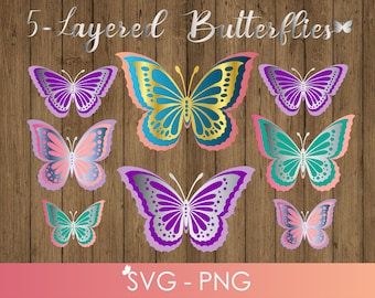 Könnte beinhalten: Satz mit 5 geschichteten Schmetterlings-SVG- und PNG-Dateien. Die Schmetterlinge sind in verschiedenen Farben, darunter rosa, lila, türkis und gold. Die Schmetterlinge sind übereinander gelegt, um einen 3D-Effekt zu erzeugen.