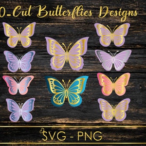 May include: Ten digital cut files of butterfly designs in various colours, including purple, pink, blue, and gold. The text "10 - Cut Butterflies Designs" is at the top of the image. The text "SVG - PNG" is at the bottom of the image.